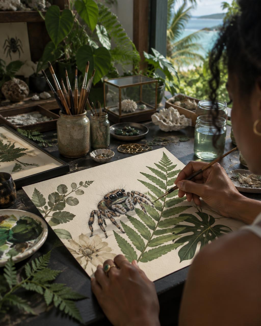 Artist painting a jumping spider amid ferns in a tropical studio